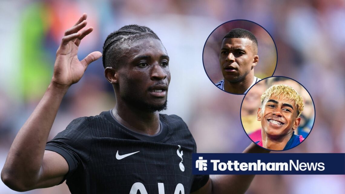 Mohammed Kudus in action for Tottenham with Lamine Yamal and Kylian Mbappe in the circular insets