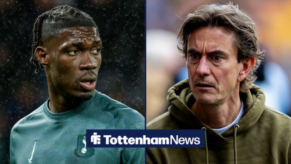 A split image as Tottenham midfielder Yves Bissouma stares across at Thomas Frank, who glares back at him.