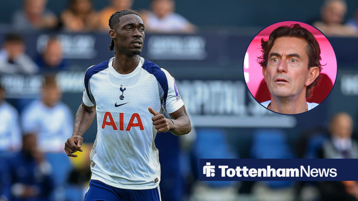 Yves Bissouma in action for Tottenham, as manager Thomas Frank looks on with a startled expression in a circular inset.
