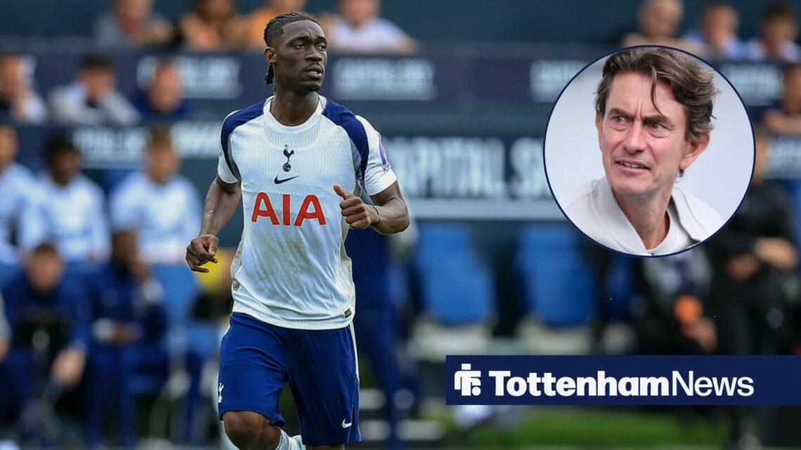 Tottenham midfielder Yves Bissouma is in action as manager Thomas Frank looks bemused in a circular inset.