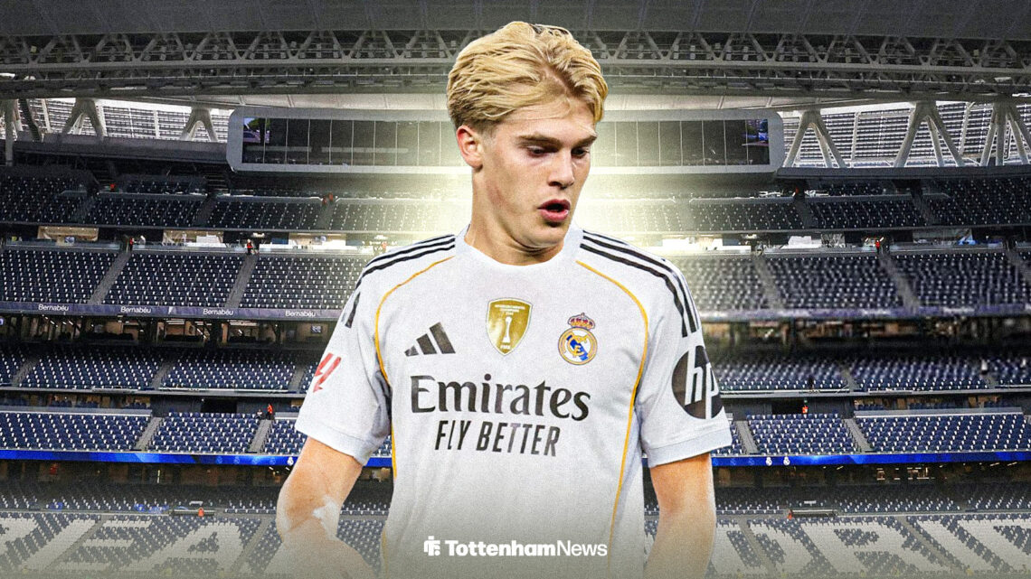 Tottenham's Lucas Bergvall in a Real Madrid kit at the Bernabeu.