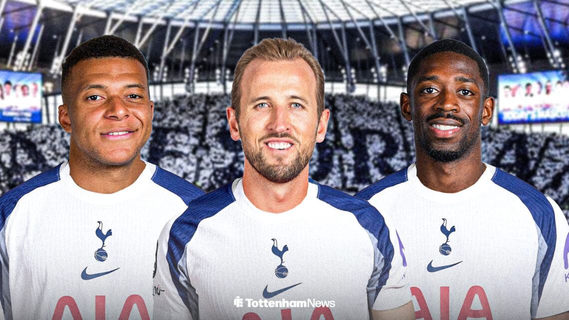 Harry Kane, Kylian Mbappe and Ousmane Dembele wearing Tottenham kits in front of the stadium.