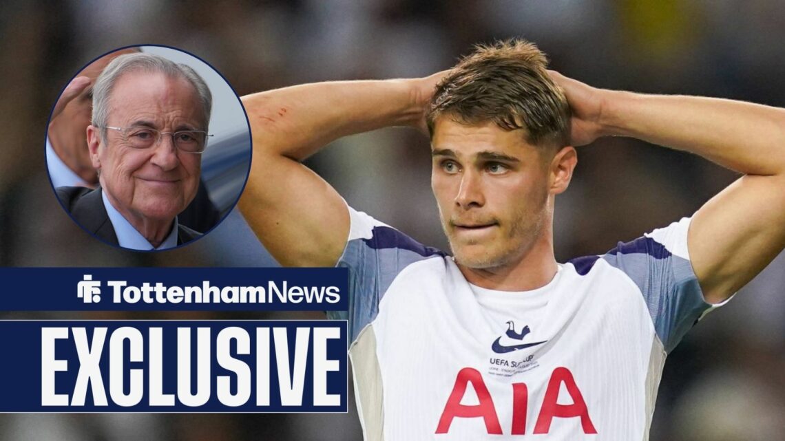 Micky van de Ven has his hands on his heads with Florentino Perez in circular inset