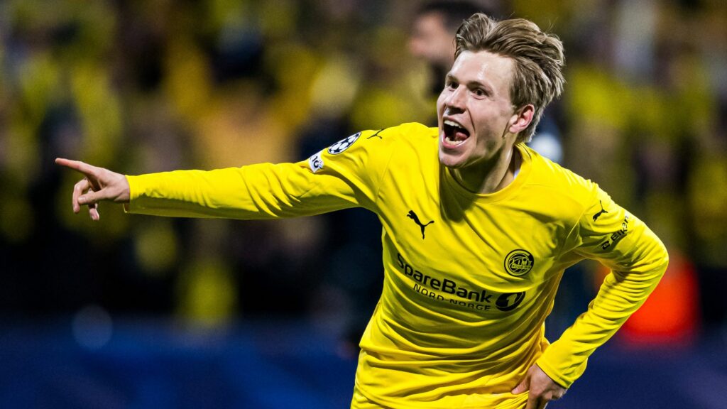 Bodo/Glimt star Jens Petter Hauge celebrates a goal against Tottenham in the Champions League.