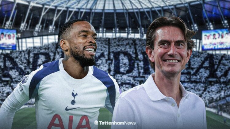Tottenham manager Thomas Frank smiles as Ivan Toney celebrates a goal behind him while wearing a Spurs shirt.