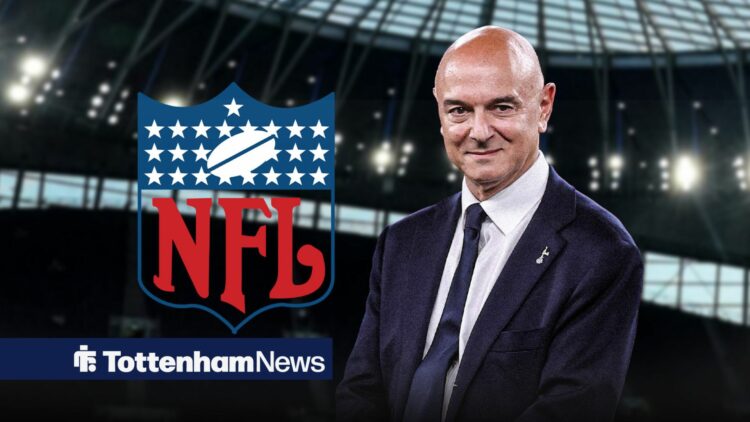 Daniel Levy smiles, with an NFL logo alongside him