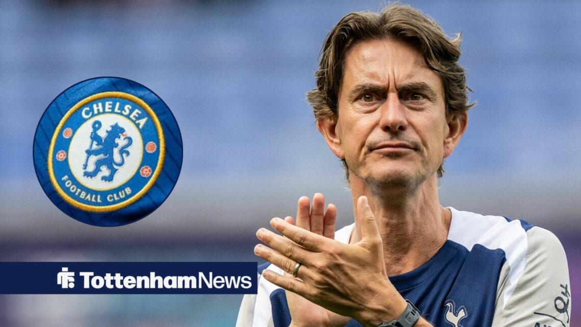 Tottenham manager Thomas Frank claps with Chelsea badge inset