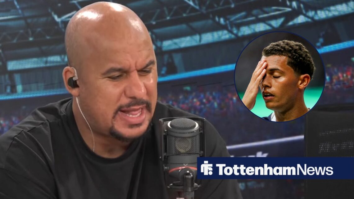 Former Aston Villa striker Gabby Agbonlahor with Tottenham winger Brennan Johson with his hand on his head inset