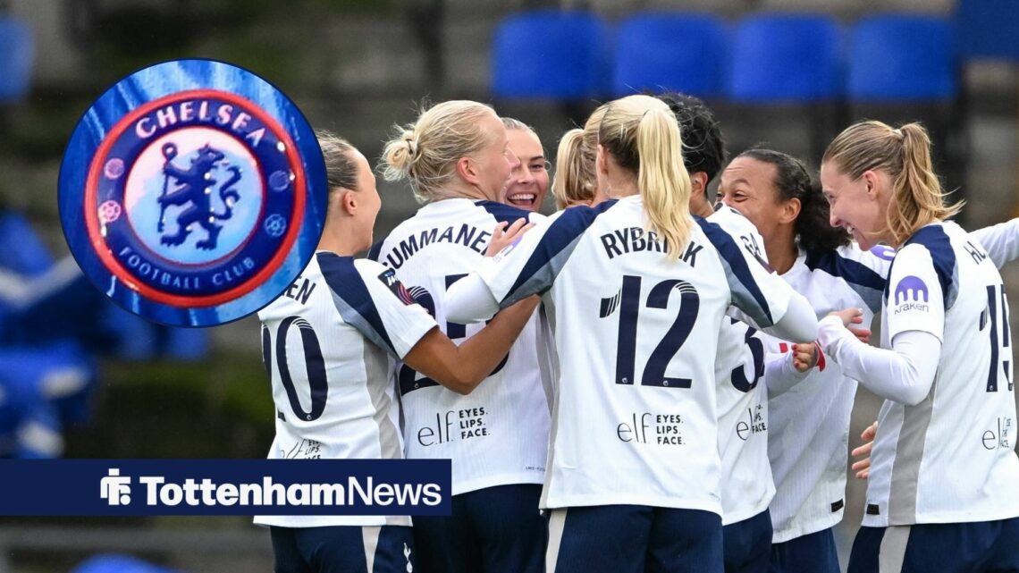 Tottenham Women players in huddle with Chelsea badge in circle