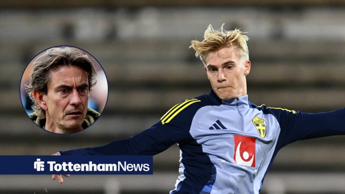 Tottenham midfielder Lucas Bergvall trains for Sweden with Thomas Frank inset