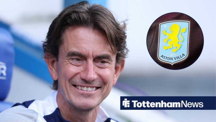 Thomas Frank smiling with Aston Villa badge in circle