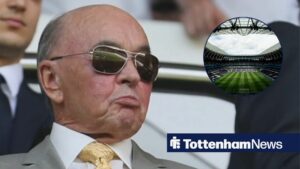 Joe Lewis looking concerned towards a circle inset of the Tottenham Hotspur Stadium