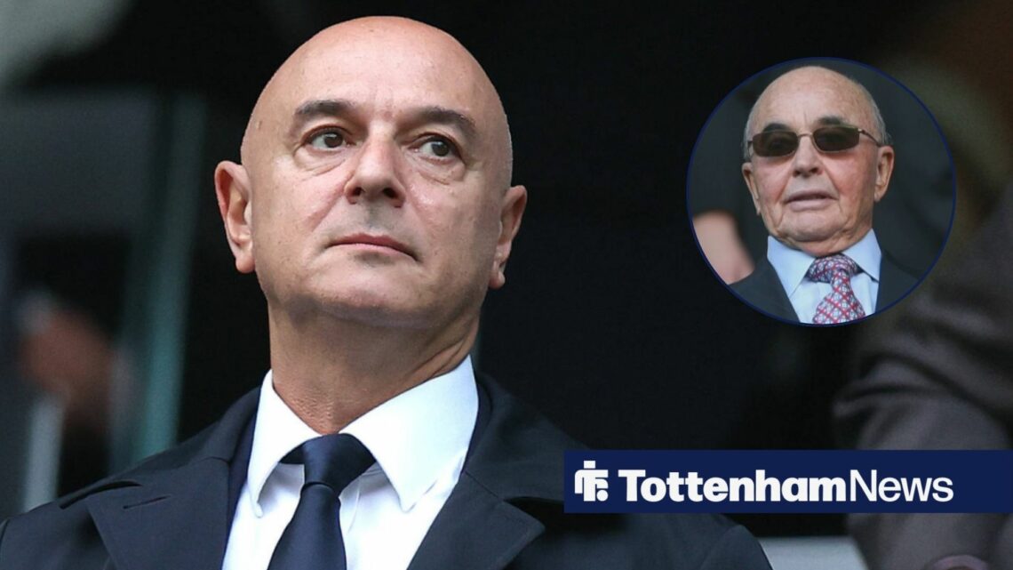 Daniel Levy looking annoyed towards Joe Lewis in a circle inset