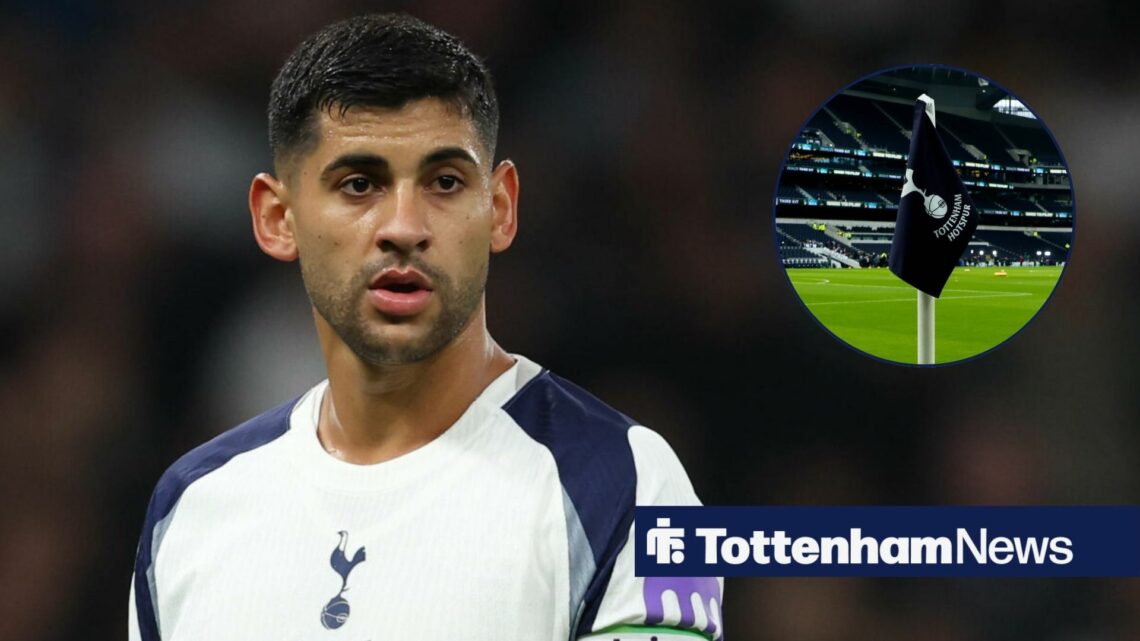 Cristian Romero looking concerned towards a circle inset of the Tottenham Hotspur Stadium