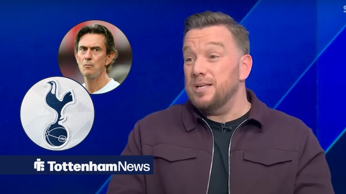 Jamie O'Hara looking at Thomas Frank and Spurs badge.