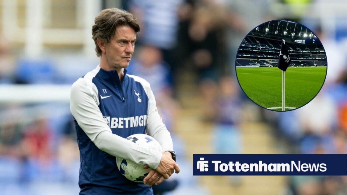 Thomas Frank alongside a circle inset of the Tottenham corner flag.