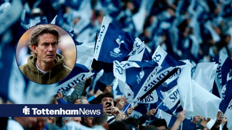 Thomas Frank looks on as Tottenham fans wave flags with the club's crest