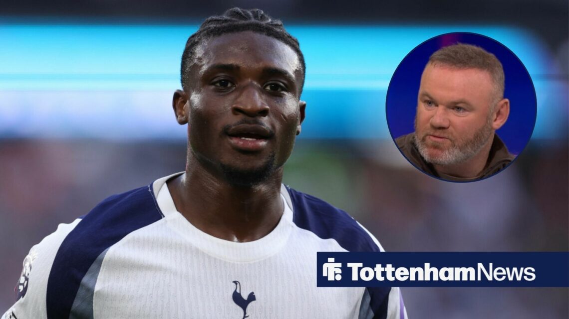 Wayne Rooney on the right looking to the left, with Mohammed Kudus central in a white Spurs kit with a smirk.