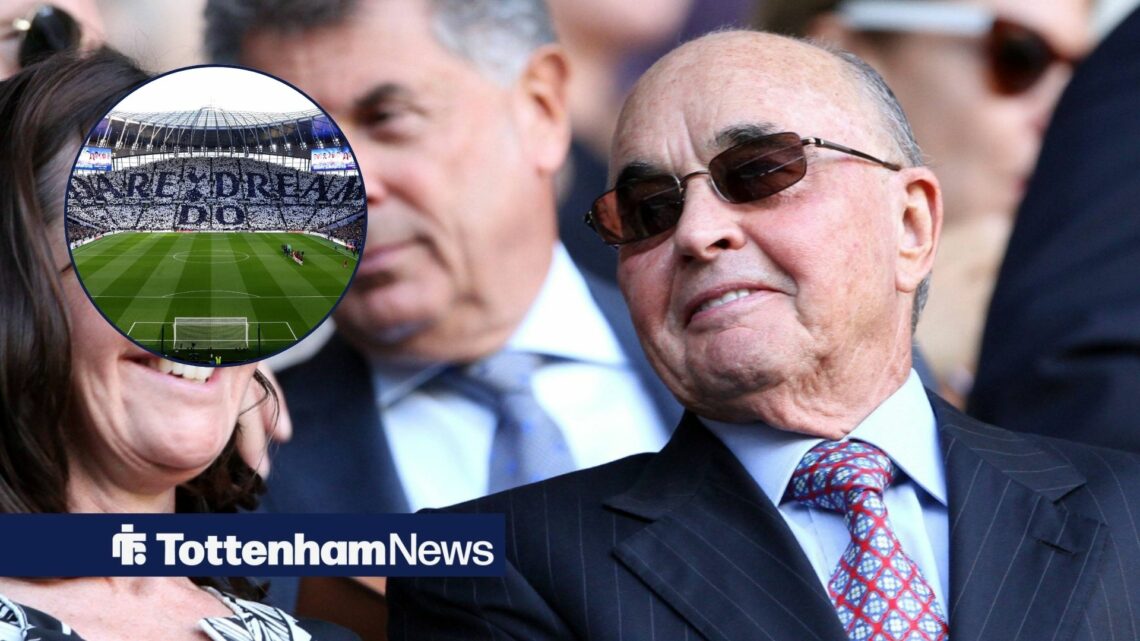 Joe Lewis alongside a circle inset of the Tottenham Hotspur Stadium.