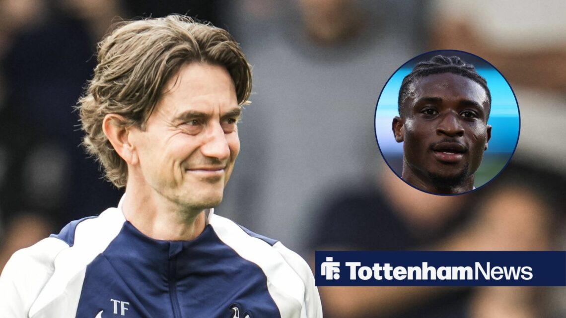 Tottenham manager Thomas Frank smiles with Mohammed Kudus inset