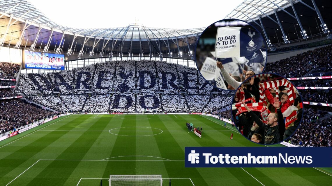 The Tottenham Hotspur Stadium alongside two circle insets containing Tottenham and Arsenal fans.