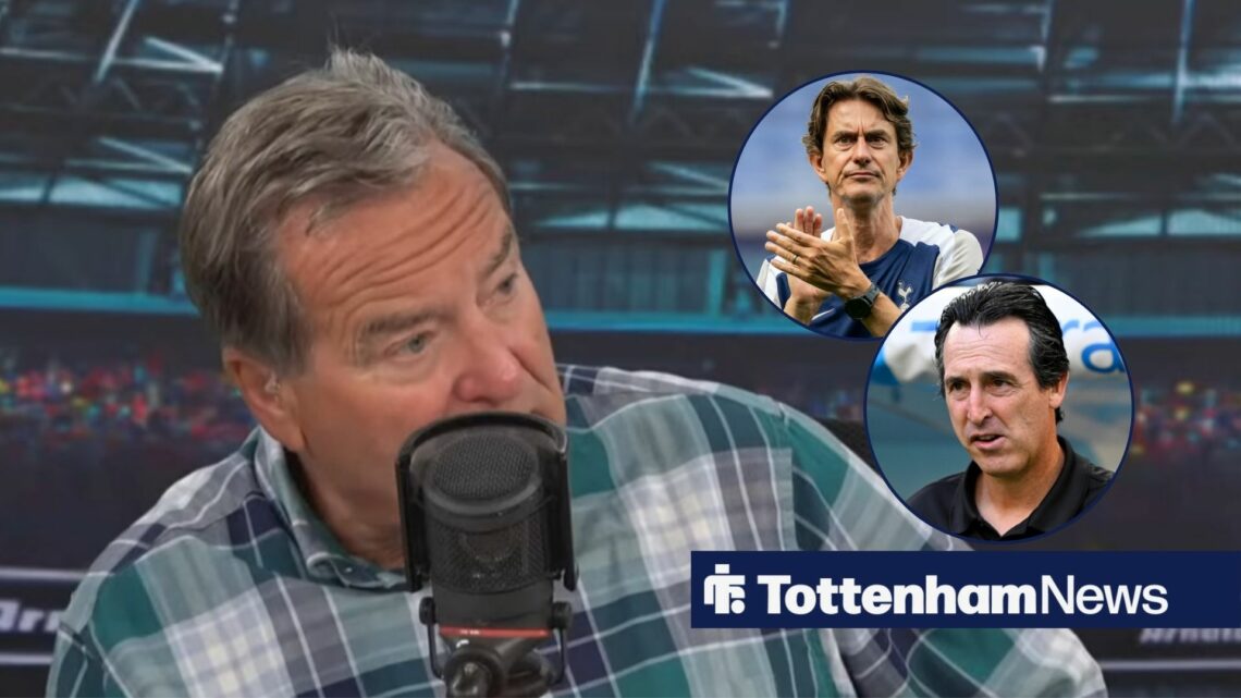 Jeff Stelling speaking into a microphone, with Thomas Frank and Unai Emery in separate circular frames