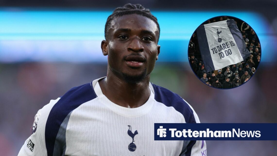 Mohammed Kudus smiling and Tottenham fans