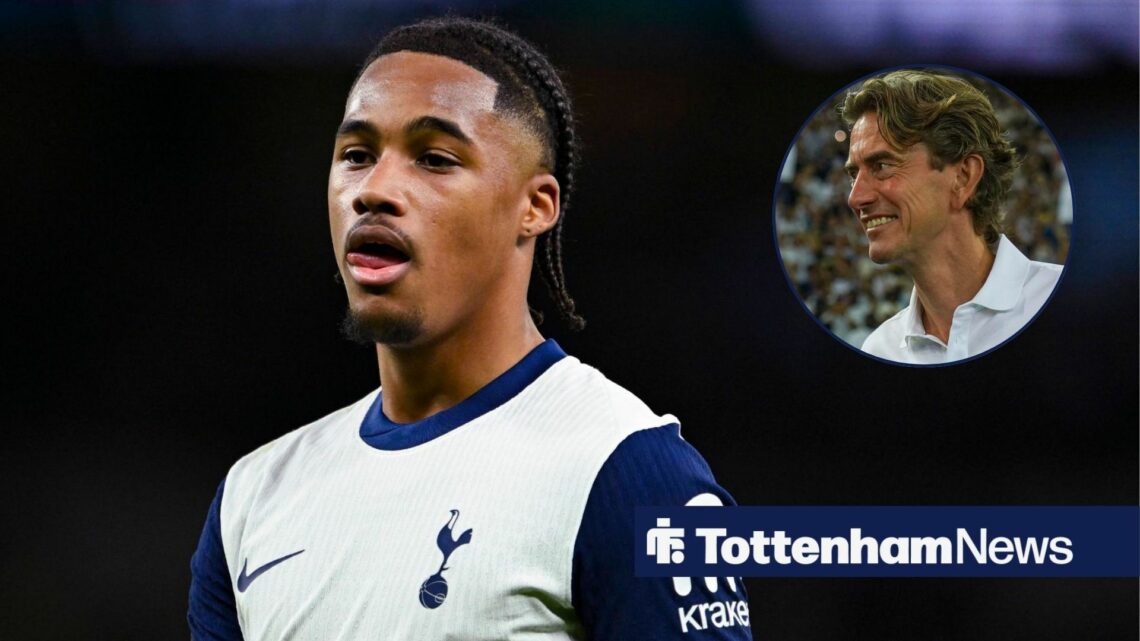 Wilson Odobert in Spurs top with Thomas Frank smiling at him.