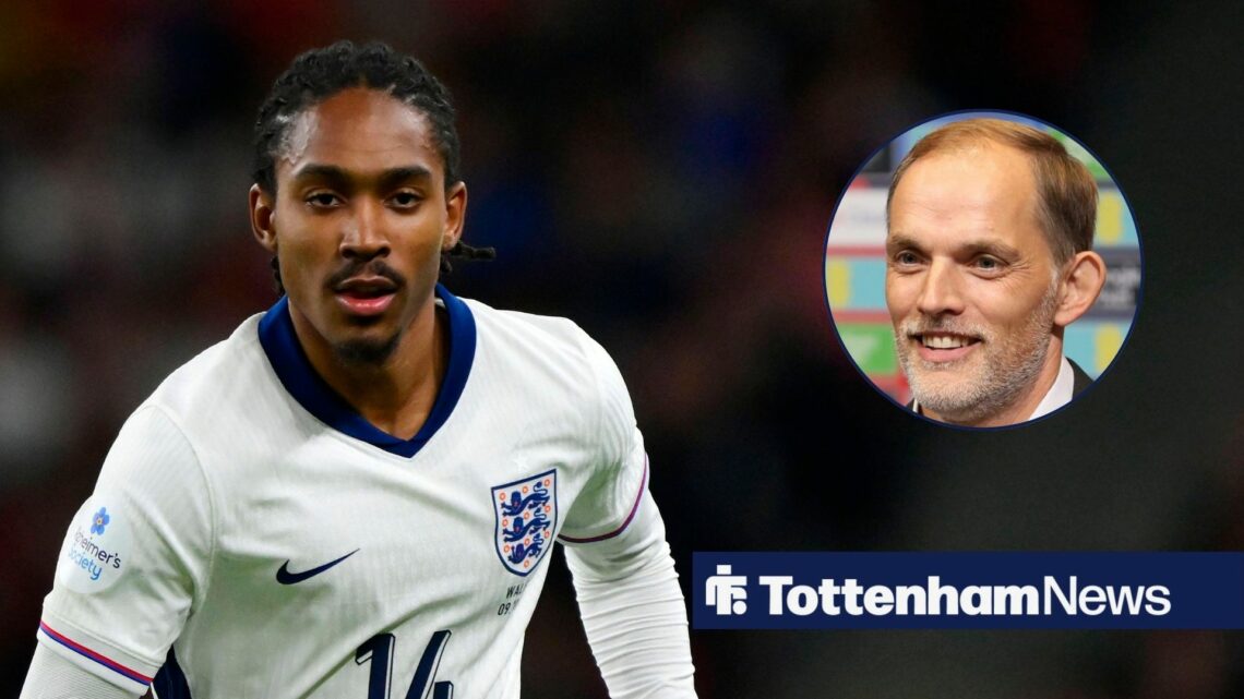 Tottenham defender Djed Spence plays for England with Thomas Tuchel smiling inset