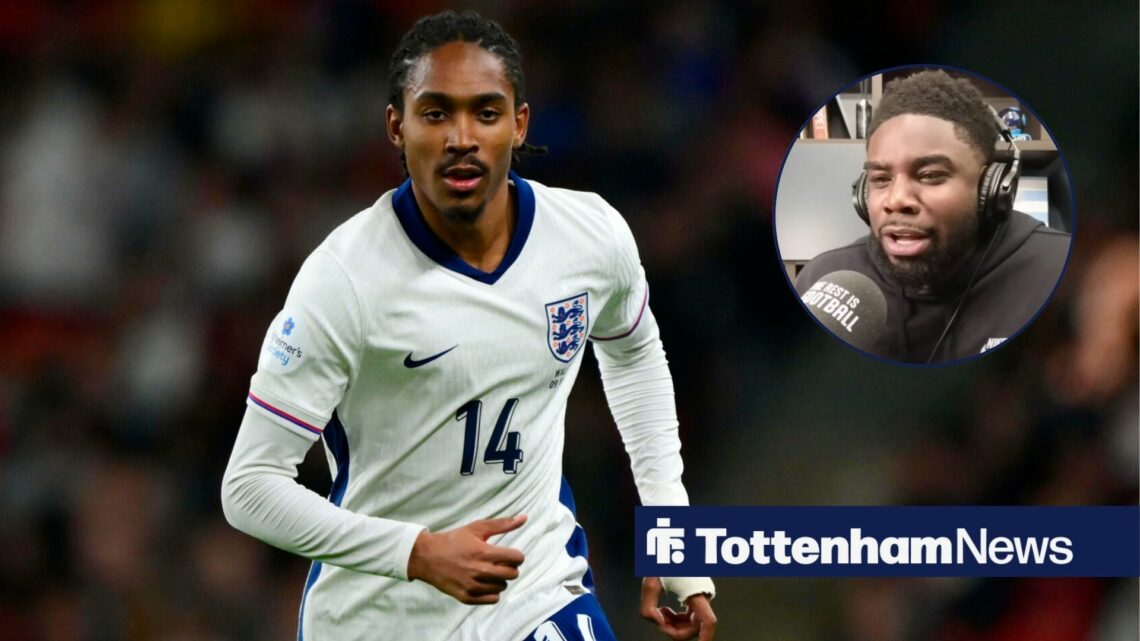 Djed Spence in an England shirt with Micah Richards looking at him.