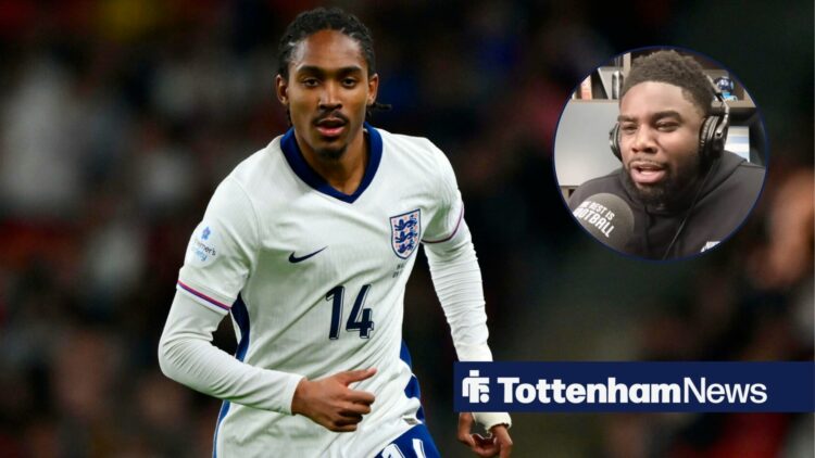 Djed Spence in an England shirt with Micah Richards looking at him.
