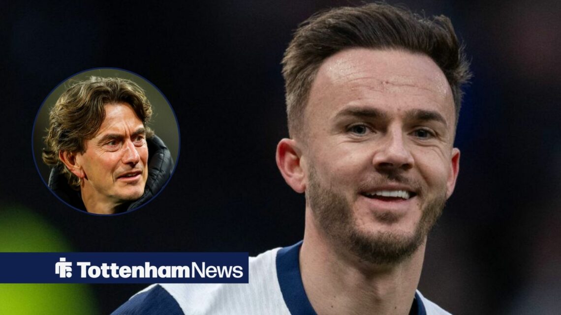 Tottenham midfielder James Maddison smiles with Thomas Frank inset