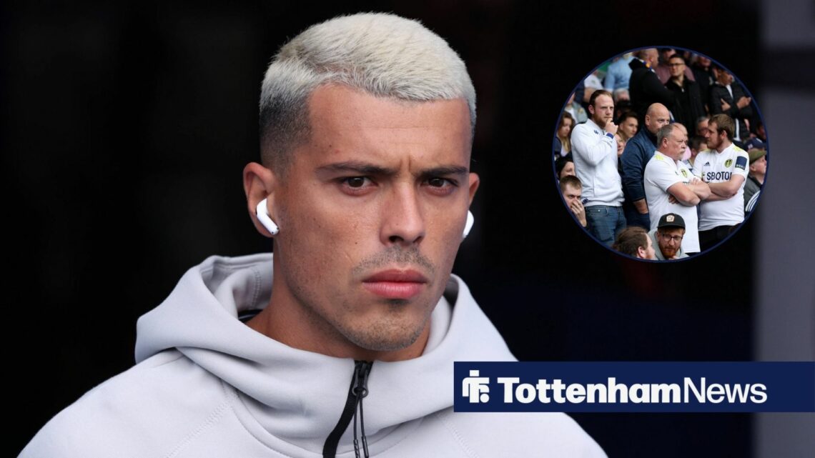Pedro Porro wearing a hoodie with Leeds fans in a circular inset.