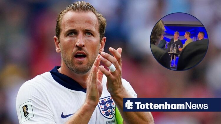 Harry Kane clapping in England shirt with a screenshot of fan footage of Thomas Frank.