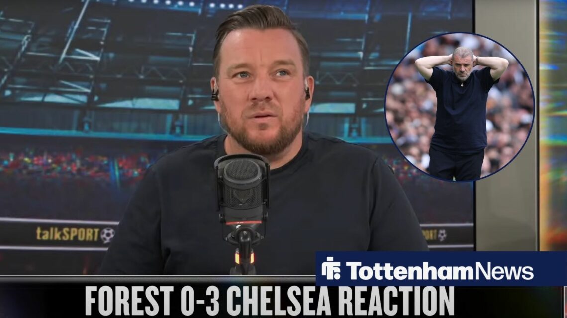 Jamie O'Hara talking on talkSPORT and a circular inset of Ange Postecoglou