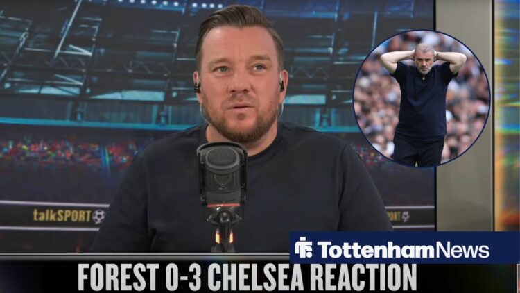Jamie O'Hara talking on talkSPORT and a circular inset of Ange Postecoglou
