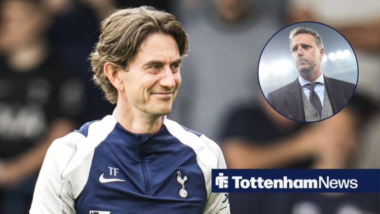 Thomas Frank smiling at Fabio Paratici