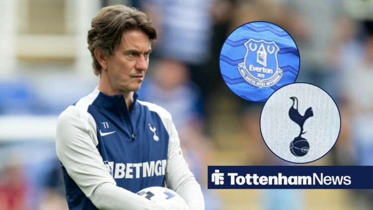 Thomas Frank looking stern with Tottenham and Everton badge in frame