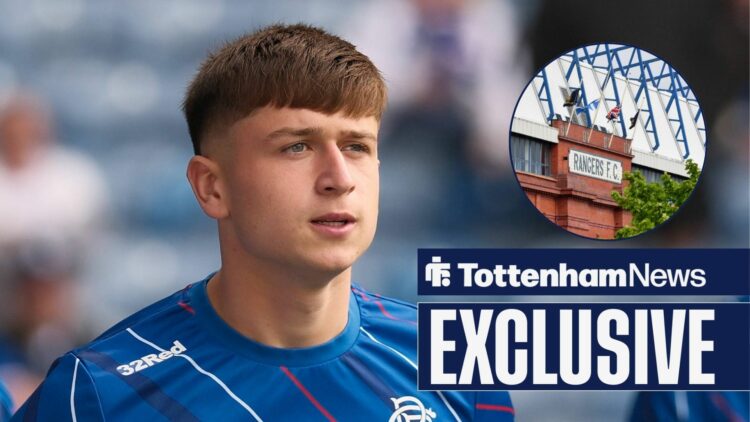 Mikey Moore in Rangers gear, with Ibrox in a circular frame inset