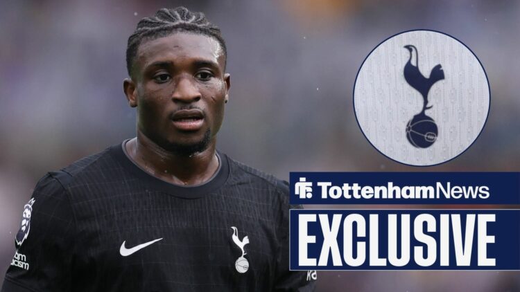Mohammed Kudus looking towards the Tottenham badge in a circle inset