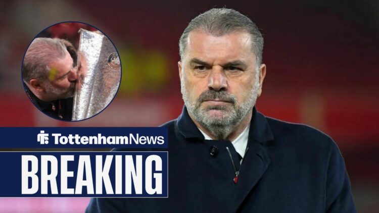 Ex-Tottenham manager Ange Postecoglou. In a smaller circle is him kissing the Europa League trophy.