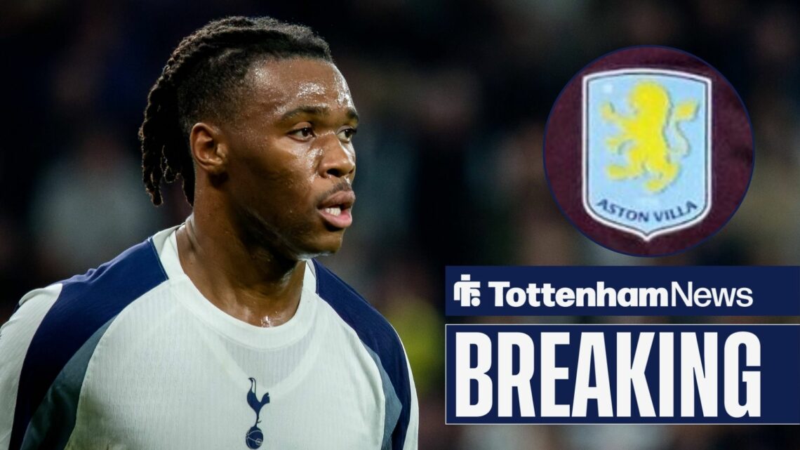 Destiny Udogie looking towards an Aston Villa badge in a circle inset