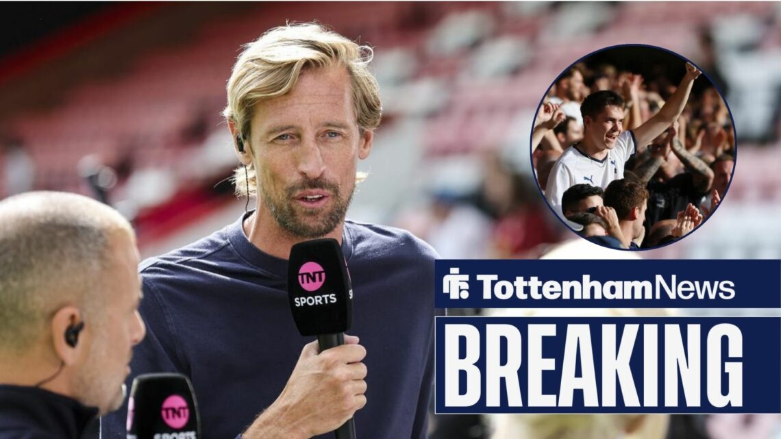 Peter Crouch talks into the microphone with Tottenham fans in a circular inset.