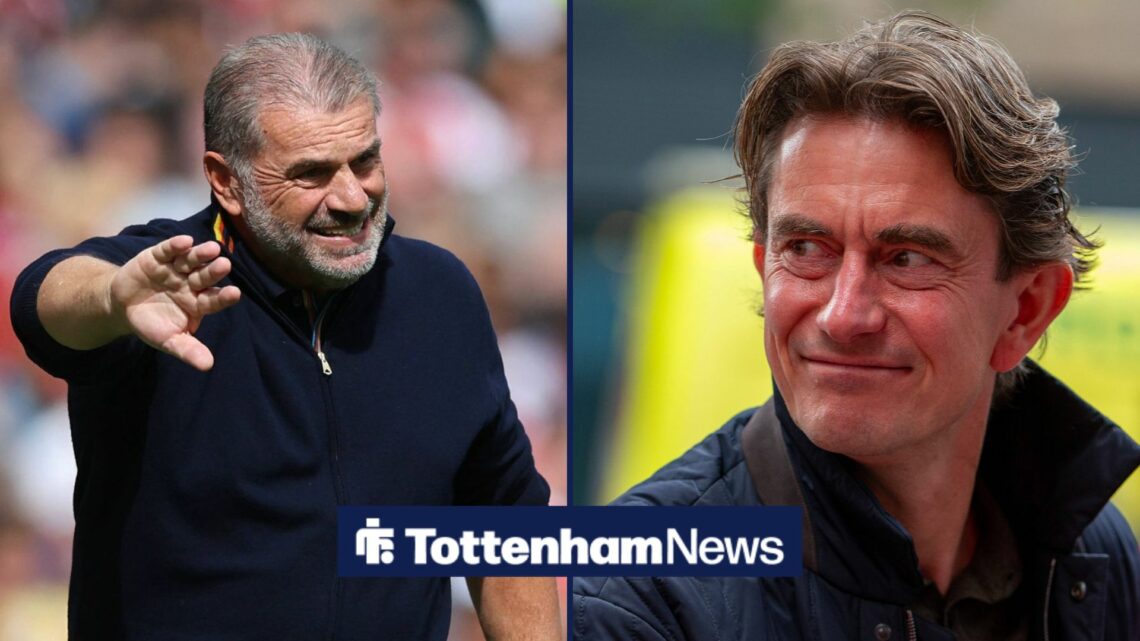 Ange Postecoglou waving his team on, on the left, as Thomas Frank cheekily smiles on the right looking to the left.