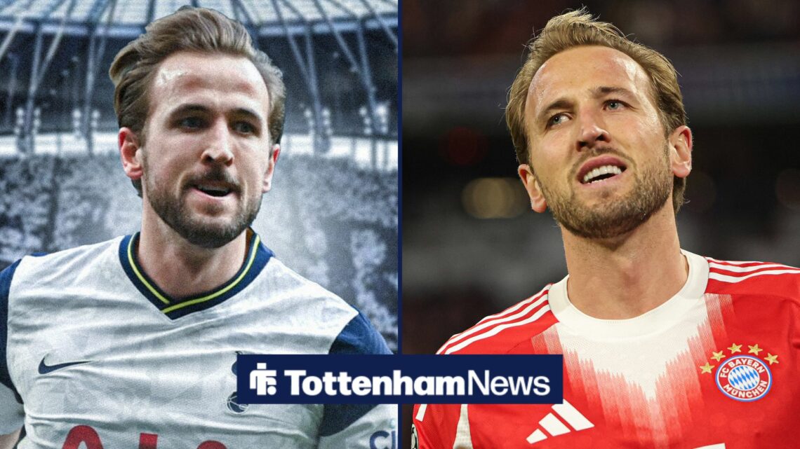 Harry Kane playing for Tottenham looking towards Harry Kane playing for Bayern Munich