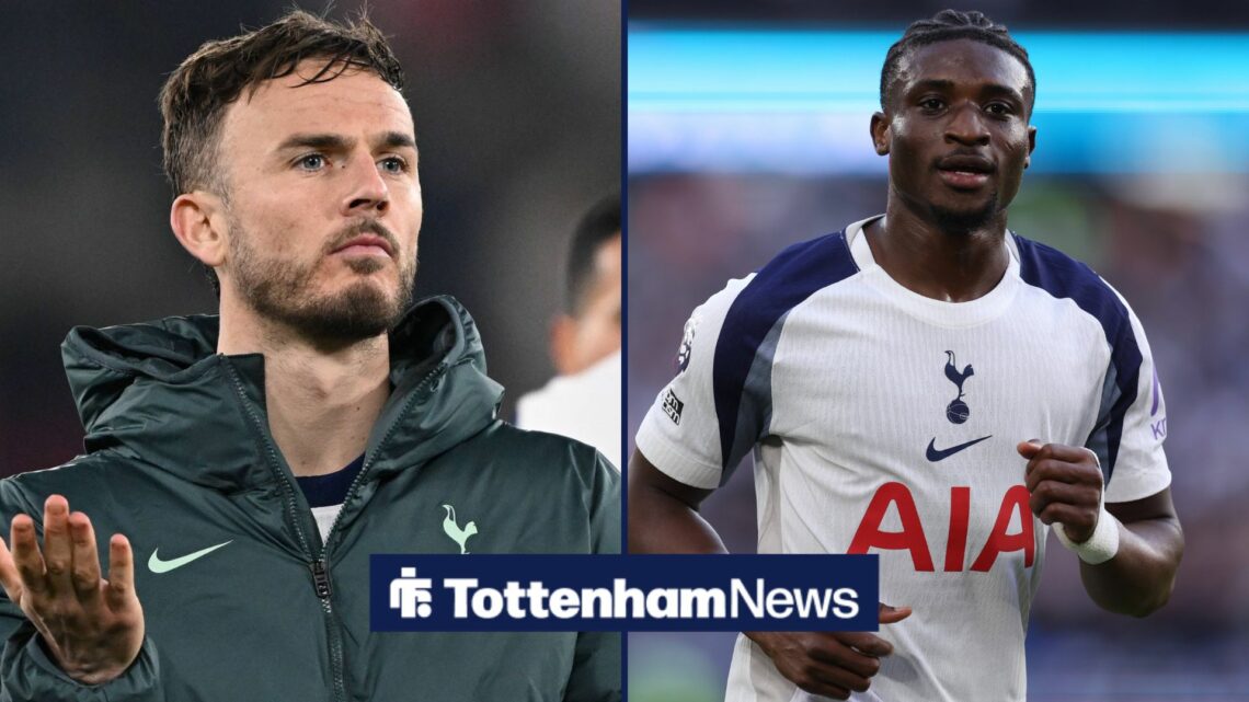 James Maddison looks at Mohammed Kudus in Tottenham action.