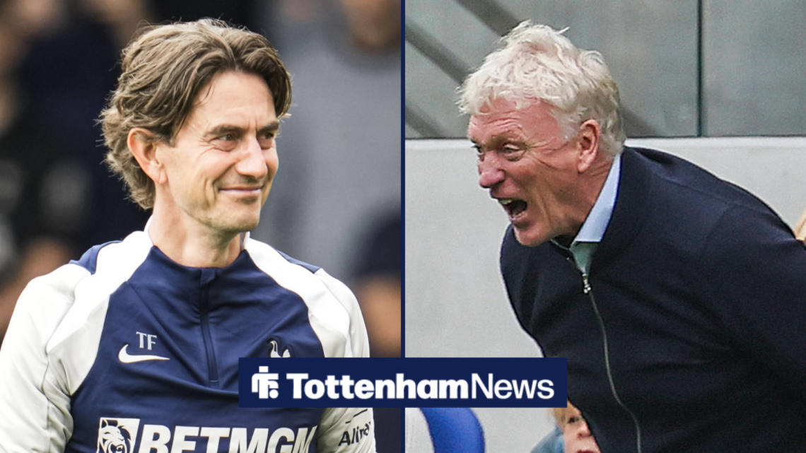 Tottenham manager Thomas Frank smiles, while Everton boss David Moyes angrily screams.