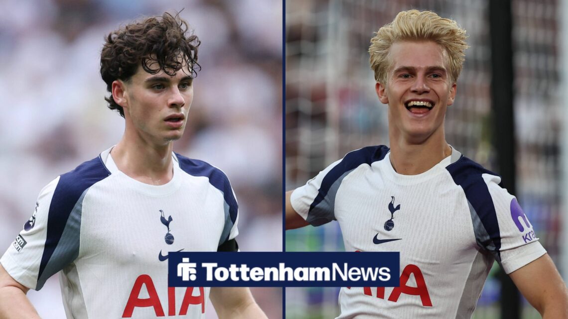 Archie Gray in a Tottenham kit on the left, with Lucas Bergvall celebrating a Spurs goal on the right.