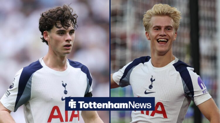 Archie Gray in a Tottenham kit on the left, with Lucas Bergvall celebrating a Spurs goal on the right.