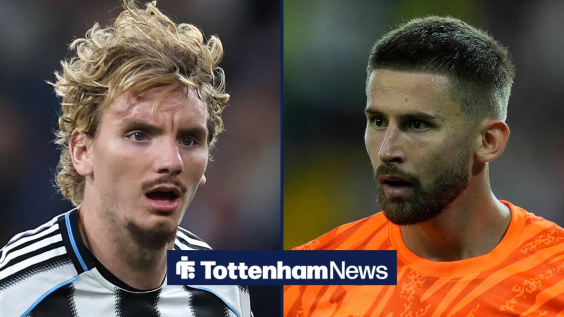 Tottenham goalkeeper Vicario with Newcastle United striker Nick Woltemade